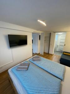 a room with a bed and a flat screen tv at Bo's 3Eins in Schwäbisch Hall