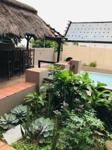 a garden with flowers and plants next to a pool at Corfield in Durban