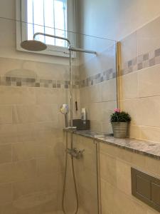 a bathroom with a shower with a glass door at Holiday accomodation appartamento in seminterrato in Coglio +10 photos