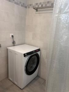 a washing machine in a bathroom with a shower at Holiday accomodation appartamento in seminterrato in Coglio