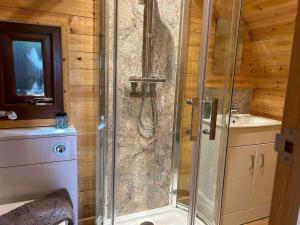 a shower with a glass door in a bathroom at Hatterall View Glamping Pod in Abergavenny