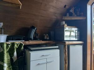 a small kitchen with a stove and a microwave at La Colline Aux Cabanes in Espaly-Saint-Marcel +8 photos