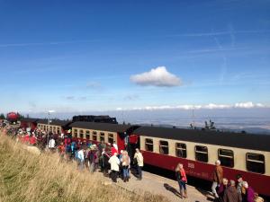 een menigte mensen die naast een trein staan bij Ferienwohnung Am Eichenberg in Blankenburg