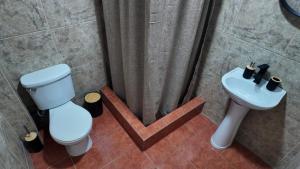 a bathroom with a shower with a toilet and a sink at El Rancho B&B in San Pedro de Atacama +9 photos