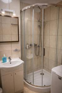 a bathroom with a shower and a sink at GUNER Apartament Bełchatów in Bełchatów +18 photos