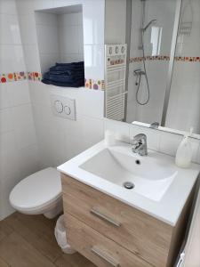 a bathroom with a sink and a toilet and a mirror at Agréable studio indépendant proche mer in Saint-Hilaire-de-Riez