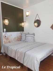 a bed in a bedroom with two lights on the wall at Les Belles Terrasses Dieppe ,3 appartements , LE VEGETAL de 1 à 8 personnes , LE TROPICAL de 1 à 6 personnes , LE FLORAL avec TERRASSE de 1 à 3 personnes , quartier calme au stationnement gratuit à coté de l'avenue verte in Dieppe