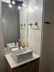 a bathroom with a white sink and a mirror at La Hojarasca in Termas de Guaviyú +1 photo