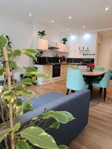 a living room with a blue couch and a table at Appartement 2 in Aubigny-sur-Nère