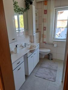 a bathroom with a sink and a toilet at Ferienwohnung mit Küche & kleines Gästezimmer Lisi ohne Küche im Obergeschoß - 2 separate Einheiten - nahe Salzburg, ideal für Familien & Durchreise in Kuchl +19 photos