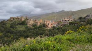 a village on a hill with mountains in the background at Pyrgos Mitsakou in Vathia