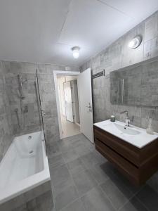 a bathroom with a tub and a sink and a shower at Bat Yam apartment in Bat Yam