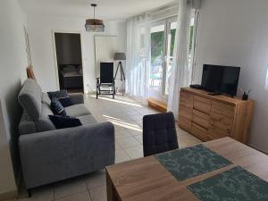 a living room with a couch and a tv at Meublé Symphonie in Niederbronn-les-Bains