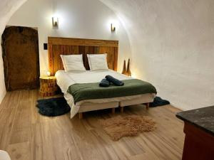 a bedroom with a bed with a green blanket at Le chalet des fontaines in Allos +20 photos
