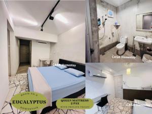 a room with a bed and a bathroom with a sink at CASA Homestay in Batu Pahat