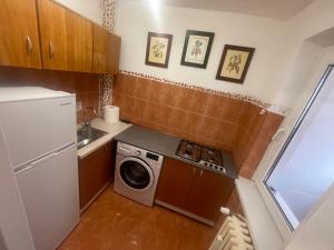 a small kitchen with a washing machine and a sink at Garsoniera in Bacău
