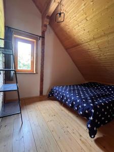 a bedroom with a bed and a ladder in a attic at Au bord du lac IV in Montigny-en-Morvan