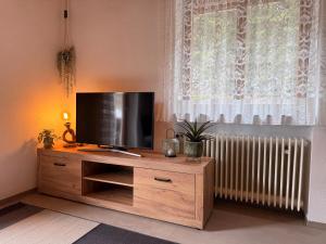 a flat screen tv sitting on top of a wooden entertainment center at Haus Sauberbach in Jerzens