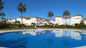 a large swimming pool with palm trees and buildings at Urbanización Torremar Natura in Vera
