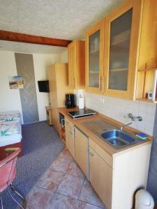 a small kitchen with a sink and a counter at Ferienwohnung Schulrath in Eichwerder +8 photos