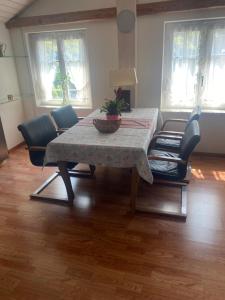 a dining room table with chairs and a plant on it at Wachtgasse in Adliswil