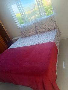 a bedroom with a bed with a large window at Casa próxima a orla in Pelotas