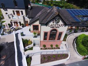 an overhead view of a house with a restaurant at Flagstaff Lodge in Newry