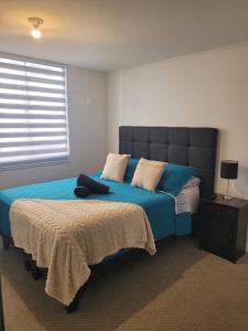 a bedroom with a blue bed and a window at Depto Comodo y full equipado in Antofagasta