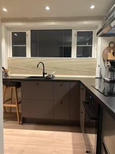 a kitchen with a sink and a counter with windows at Det Lille huset på Storgata - Leilighet in Larvik