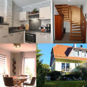 a collage of photos of a kitchen and a house at Behagliches Ferienhaus Zaunkönig -mit Kamin und Sauna- Blick über das romantische Bodetal in Tanne