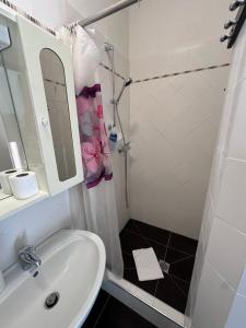 a bathroom with a sink and a shower with a mirror at Dolce Casa in Ferrara