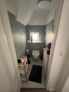 a small bathroom with a toilet and a window at Wunderschönes Haus am Waldrand für max 8 Personen in Harztor +24 photos