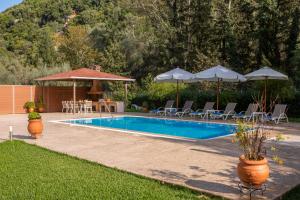 a swimming pool with umbrellas and chairs and a table at Villa Ligero in Palaiokatoúna