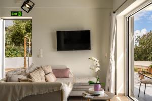 a living room with a couch and a tv on the wall at Vrachos Nature Lodges DAPHNE 2, Private pool in Agia Galini