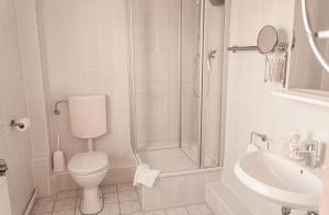 a bathroom with a shower and a toilet and a sink at Zur Schlossbrücke in Ritterhude