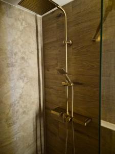 a shower with a glass door in a bathroom at Flore's Garden in Bran +46 photos