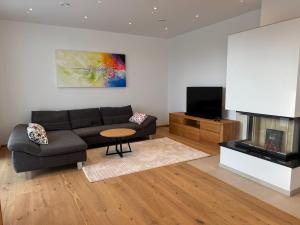 a living room with a couch and a fireplace at Villa 60, luxuriöse Villa mit Pool, Sauna und großem Garten in Gols