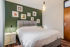 a bedroom with a bed and a green wall at Hisa Lina near Bovec in Srpenica