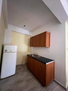 a kitchen with a sink and a white refrigerator at Room zero of Sea in Borsh
