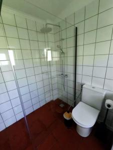 a bathroom with a toilet and a shower at Oficina do Avô in Villa Nogueira +6 photos