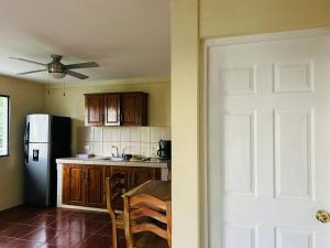 a kitchen with a white door and a refrigerator at Apartamentos Isabela in Casares