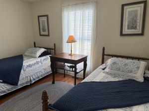 a bedroom with two beds and a table with a lamp at Three Springs Plus in Lovingston