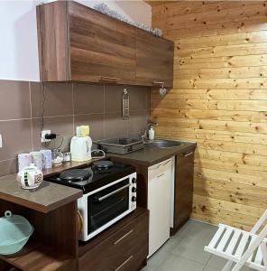a small kitchen with a stove and a sink at Apartmani Milekić in Mokra Gora