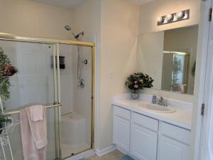 a bathroom with a glass shower and a sink at Three Springs Plus in Lovingston +39 photos