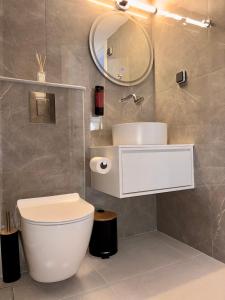a bathroom with a toilet and a sink and a mirror at BellaDiAnna Apartment in Symi +24 photos