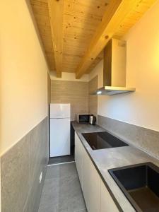 a kitchen with a sink and a white refrigerator at Casa ecologica Ai Ronchi in Gallio