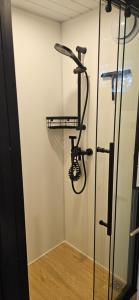 a shower in a room with a glass door at Tiny house avec jacuzzi in Cadenet
