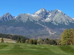a golf course with a mountain in the background at Chalet Beyond in Veľká Lomnica