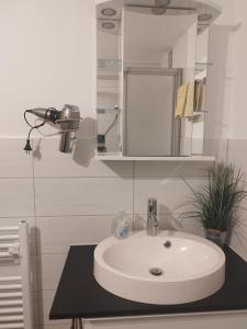 a bathroom with a white sink and a mirror at FeWo 3 mit Terrasse, Box-Bett, kl extra Zi mit Einzelbett, Tresor in Dahme +13 photos