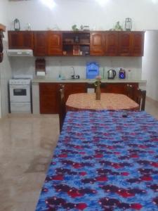 a kitchen with a table with a blue and red rug at Hospedaje Ayla in Tinogasta